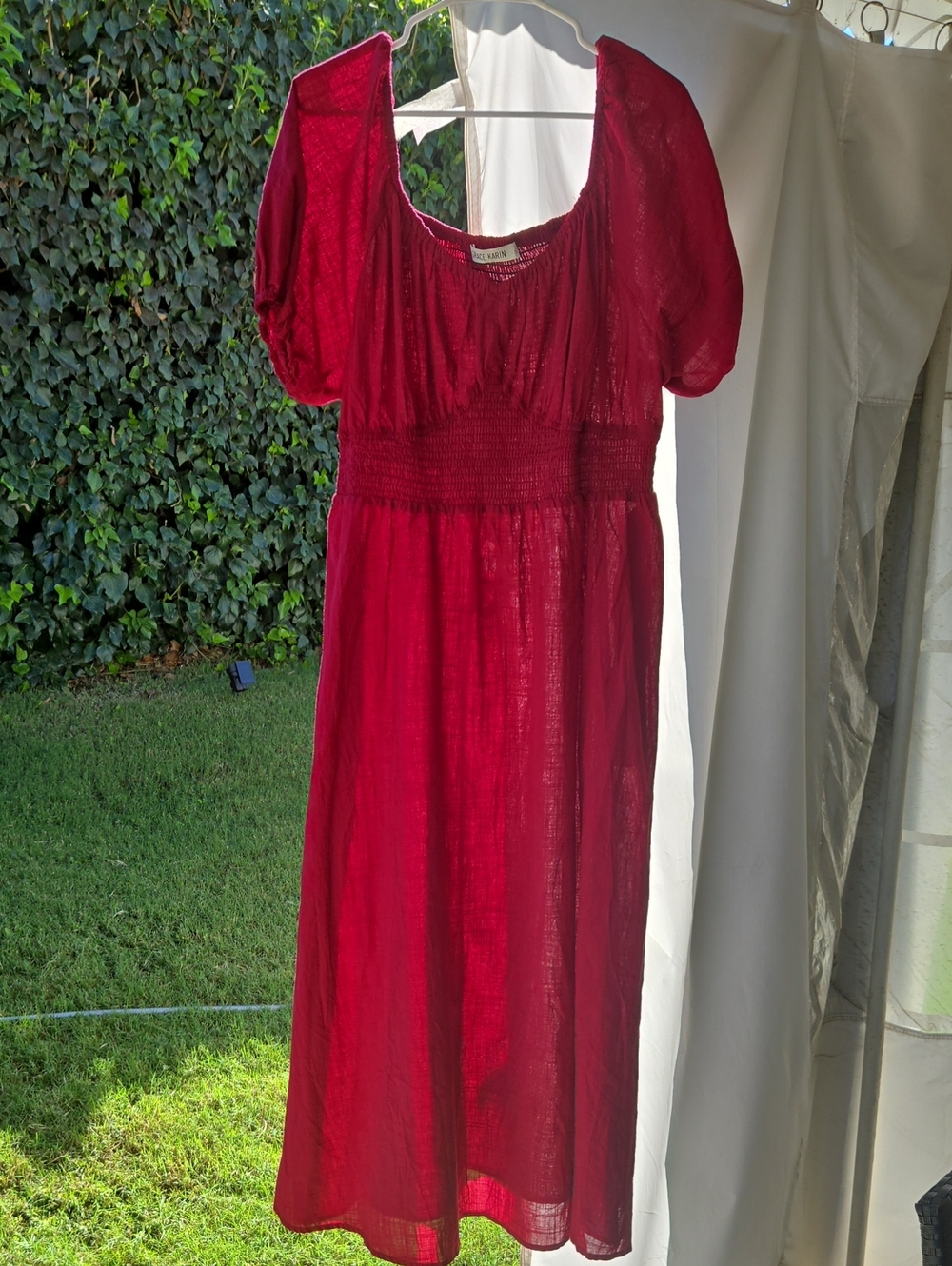 Grace Karin Red Puff-Sleeve Smocked Midi Dress